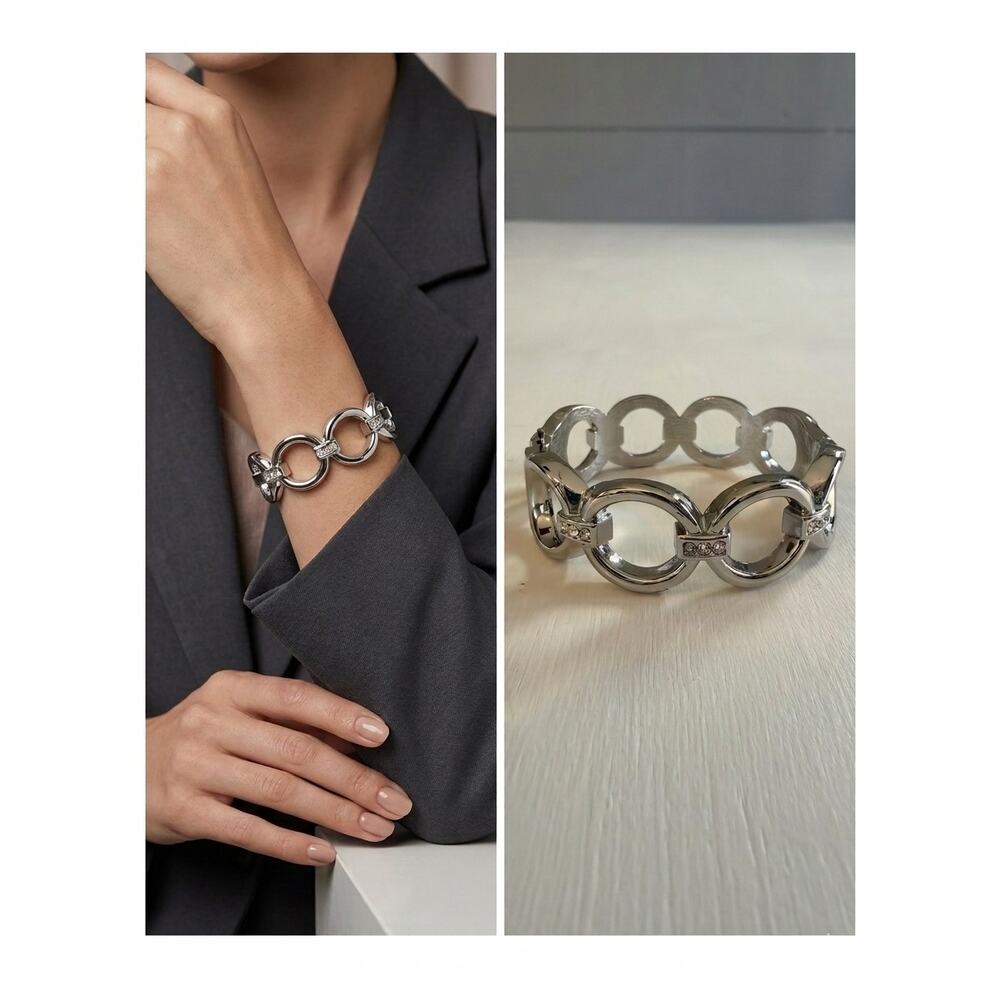 SILVER-Colored Steel Bangle with Zircon Stones Link Hinged Bracelet Chunky Cuff
